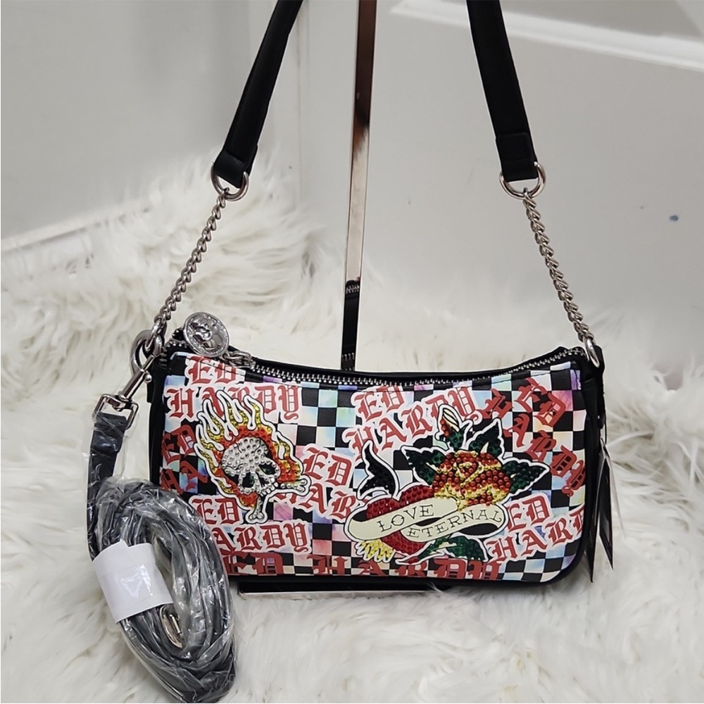 NEW Ed Hardy Women Black Checkered Rhinestone Skull Rose Crossbody Shoulder Bag